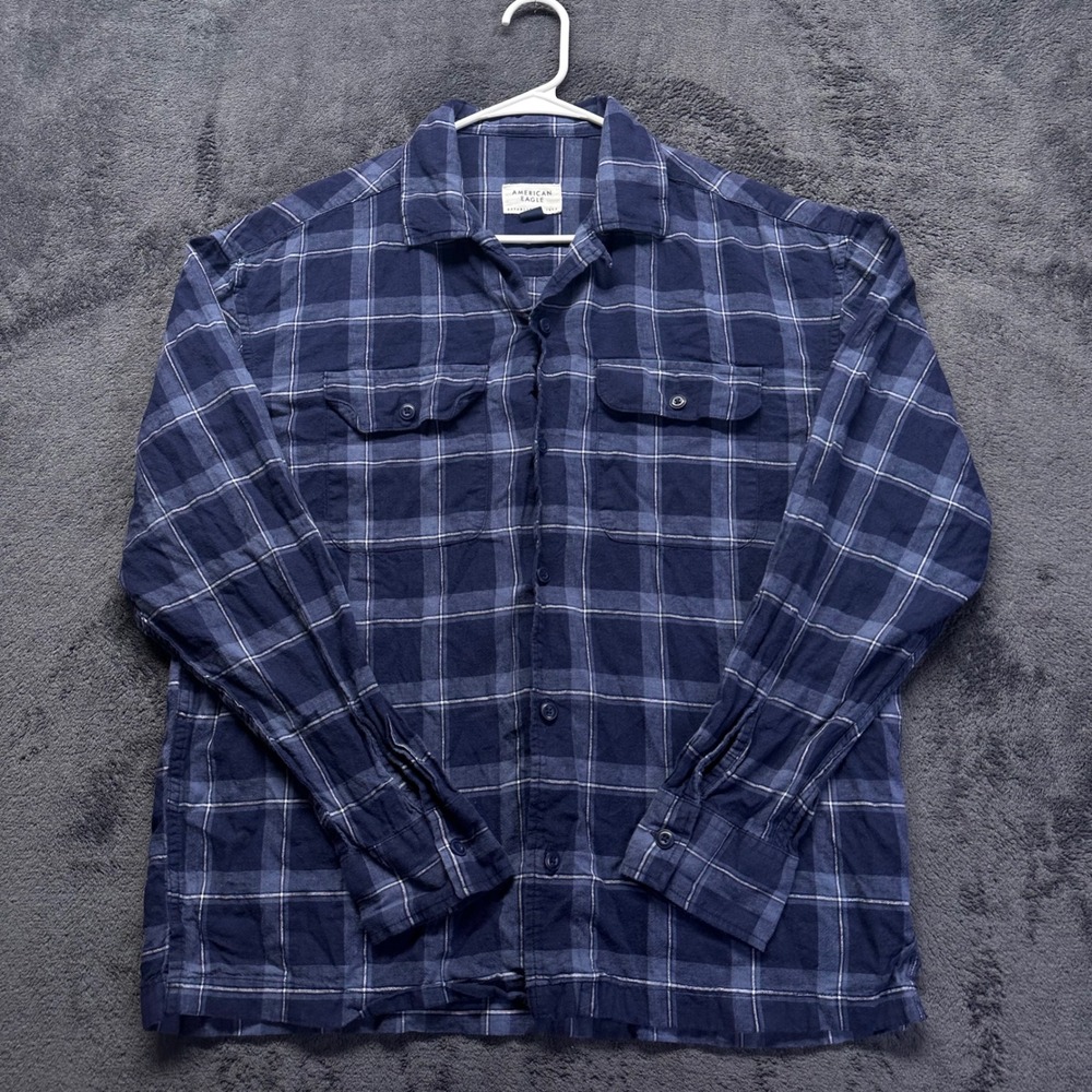 American Eagle Linen Blend Button Down Shirt Mens Small Loop‎ Collar Blue Plaid